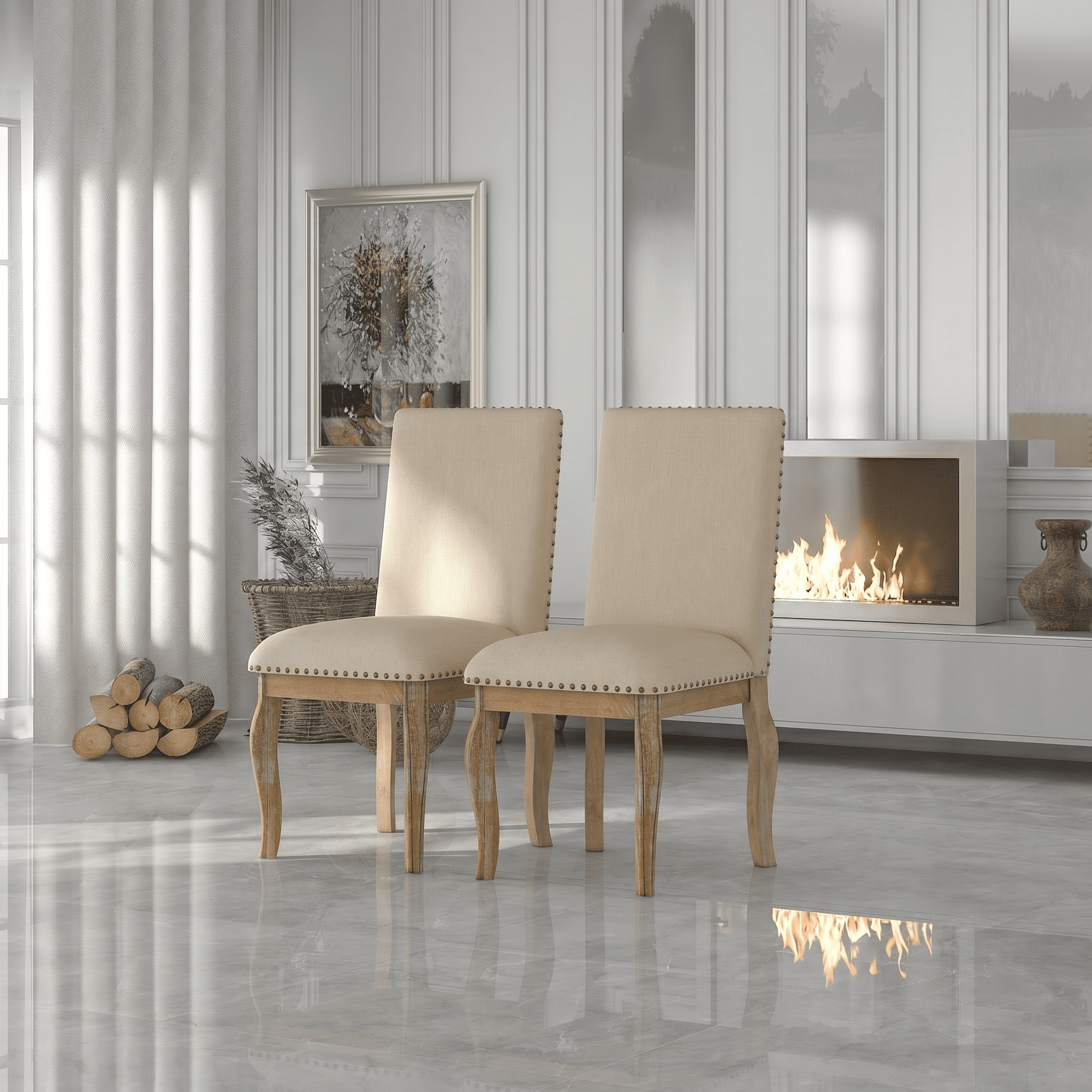 PORKISS Set of 2 Dining Chairs, High Back Upholstered Kitchen Chairs with Solid Wood Frame, Curved Legs and Bronze Nailhead Trim, Natural Finish with White Fabric