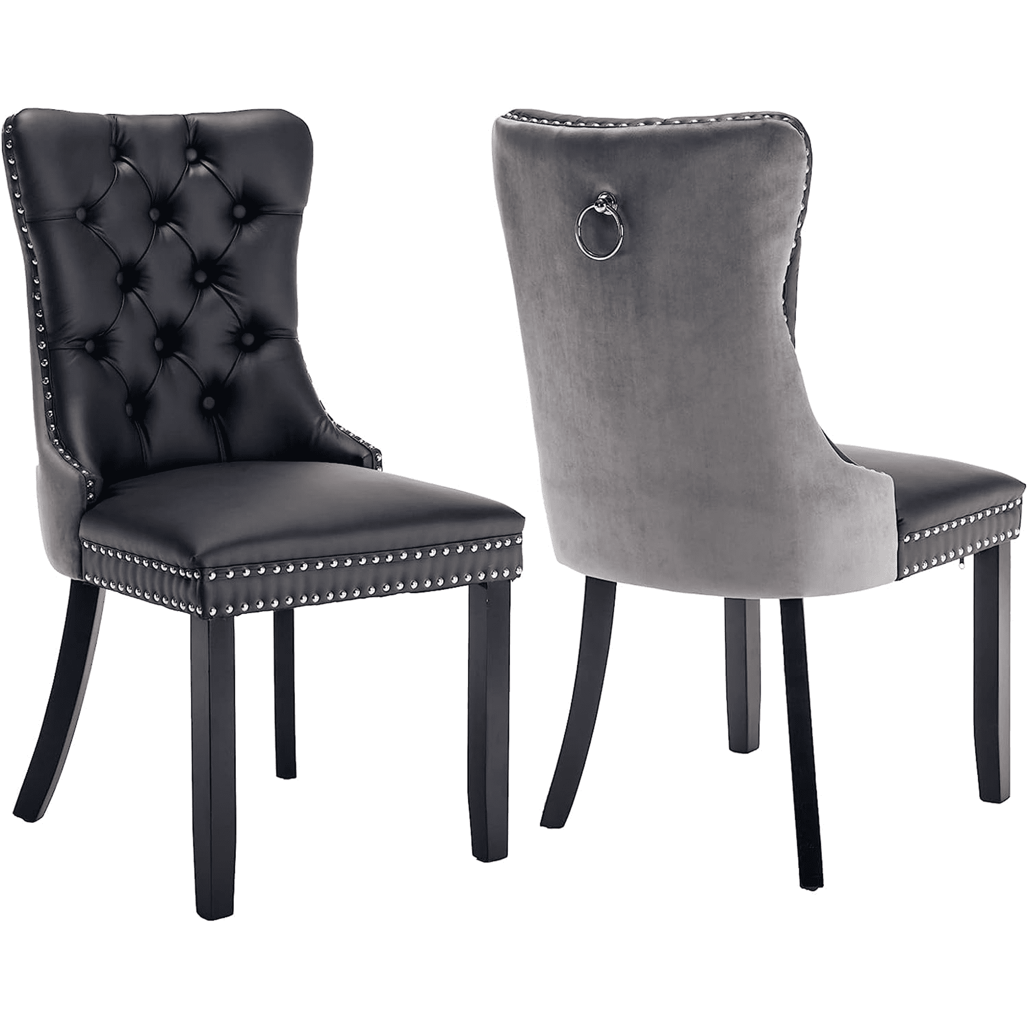 PORKISS Dining Chairs Set of 2, Modern Wood and PU Dining Chairs with Back Ring and Nailhead Trim, Upholstered Tufted Velvet Chair with Wood Legs for Dining Room, Kitchen, Black/Gray