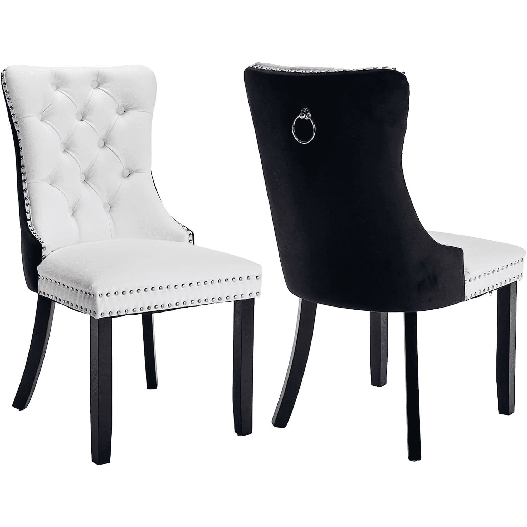 PORKISS Dining Chairs Set of 2, Modern Wood and PU Dining Room Chairs with Back Ring and Nailhead Trim, Upholstered Tufted Velvet Chair with Wood Legs for Kitchen, White/Black