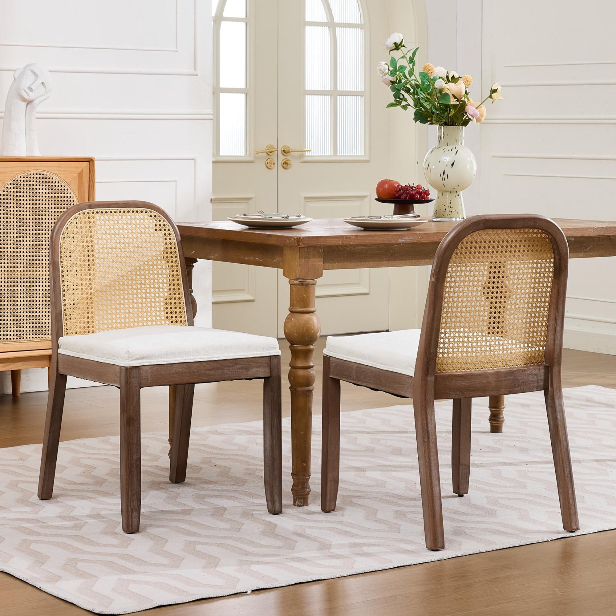 PORKISS Dining Chairs Set of 2, Upholstered Kitchen Chairs with Rattan Back, Mid-Century Solid Wood Dining Room Chairs with Thick Chenille Cushion, Beige