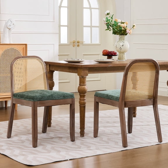 PORKISS Dining Chairs Set of 2, Rattan Cane Back Upholstered Dining Chairs, Mid Century Farmhouse Kitchen Chairs with Curved Backrest and Natural Wood Frame, Olive Green