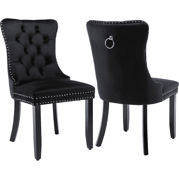 Paproos Dining Chairs Set of 2, Upholstered High-End Tufted Dining Room Chair with Back Ring and Nailhead Trim, Modern Velvet Kitchen Chairs with Solid Wood Legs for Kitchen, Home,Black
