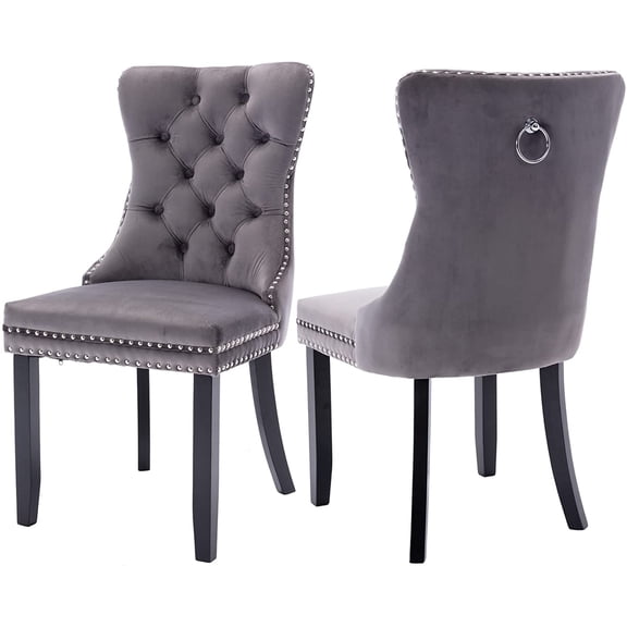 Paproos Dining Chairs Set of 2, Upholstered High-End Tufted Dining Room Chair with Back Ring and Nailhead Trim, Modern Velvet Kitchen Chairs with Solid Wood Legs for Kitchen, Home, Grey