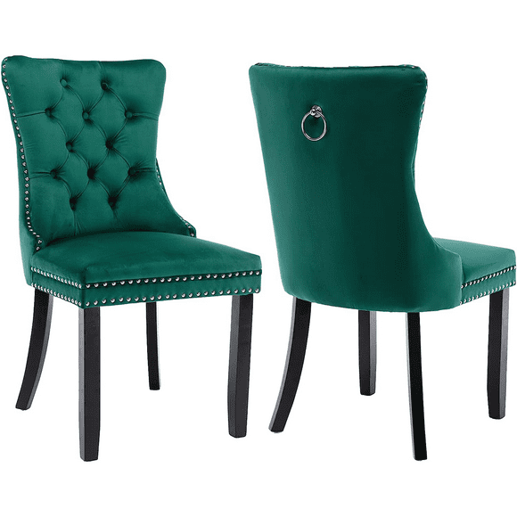 PORKISS Dining Chairs Set of 2, Upholstered High-End Tufted Dining Room Chair with Back Ring and Nailhead Trim, Modern Velvet Chairs with Solid Wood Legs for Kitchen,Green