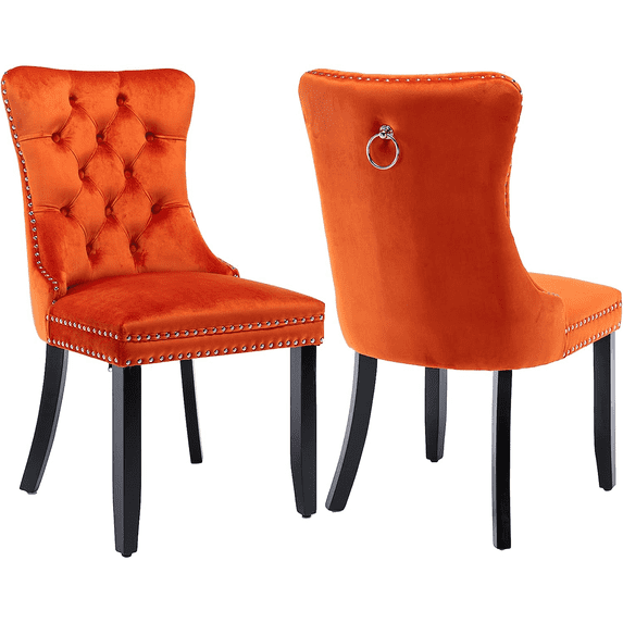 PAPROOS Upholstered Dining Chairs Set of 2, Velvet Dining Chairs with Button-Tufted Back, Back Ring and Nailhead Trim, Modern Farmhouse Kitchen Chairs with Solid Wood Legs, Orange