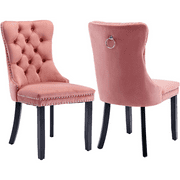 PAPROOS Upholstered Dining Chairs Set of 2, Velvet Dining Room Chairs with Button-Tufted Back, Back Ring and Nailhead Trim, Modern Farmhouse Kitchen Chairs with Solid Wood Legs, Pink