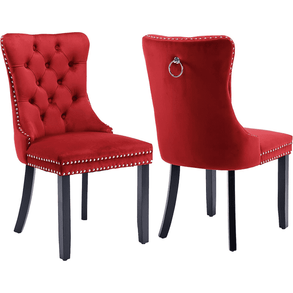 PAPROOS Upholstered Dining Chairs Set of 2, Velvet Dining Chairs with Button-Tufted Back, Back Ring and Nailhead Trim, Modern Farmhouse Kitchen Chairs with Solid Wood Legs, Wine Red