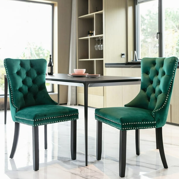 PORKISS Dining Chairs Set of 2 Upholstered High End Tufted Dining Room Chair with Back Ring and Nailhead Trim Modern Velvet Chairs with Solid Wood Legs for Kitchen Green Walmart Business Supplies