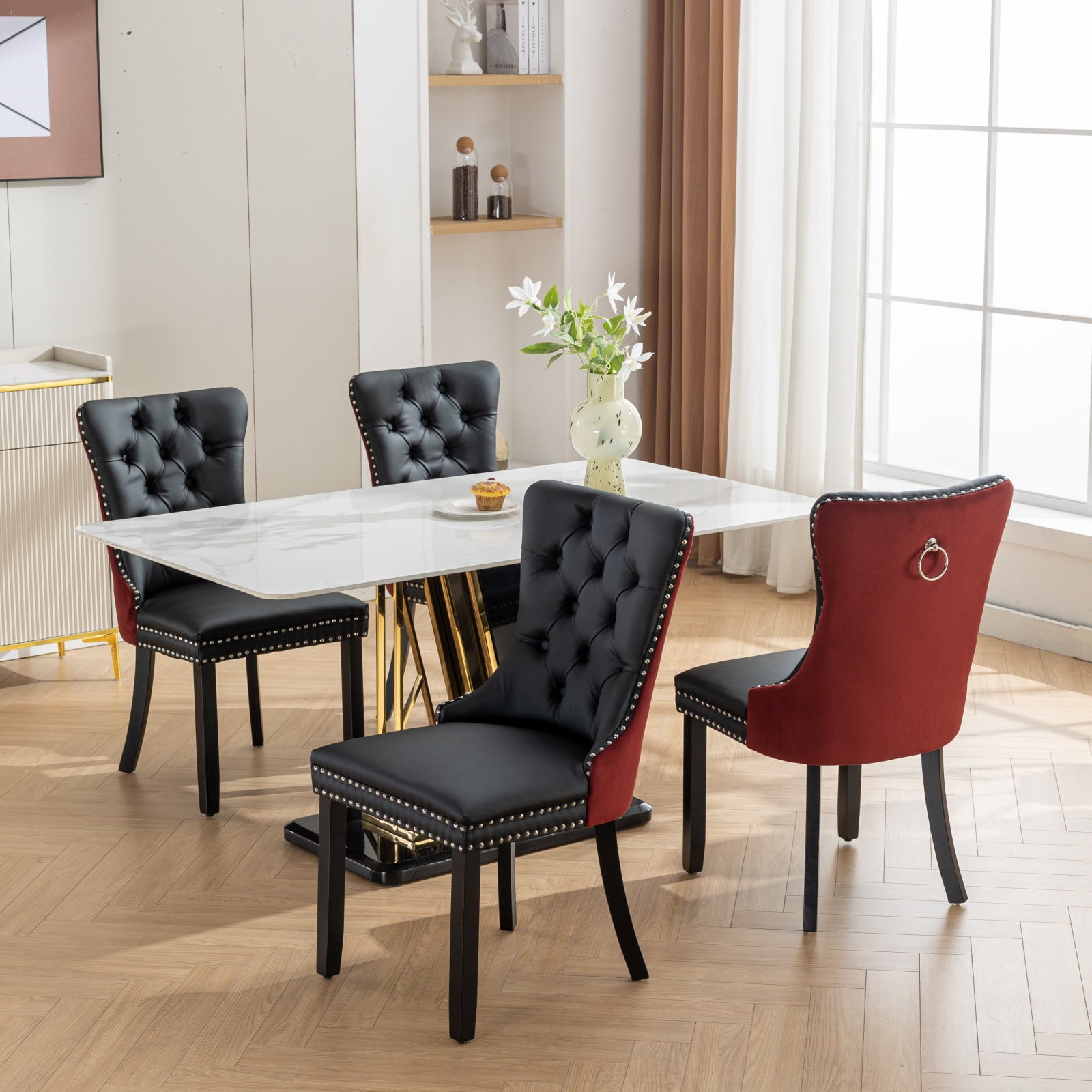 PORKISS Dining Chairs Set of 4, Modern Wood and PU Dining Room Chairs with Back Ring and Nailhead Trim, Upholstered Tufted Velvet Chair with Wood Legs for Dining Room, Kitchen, Black/Wine Red