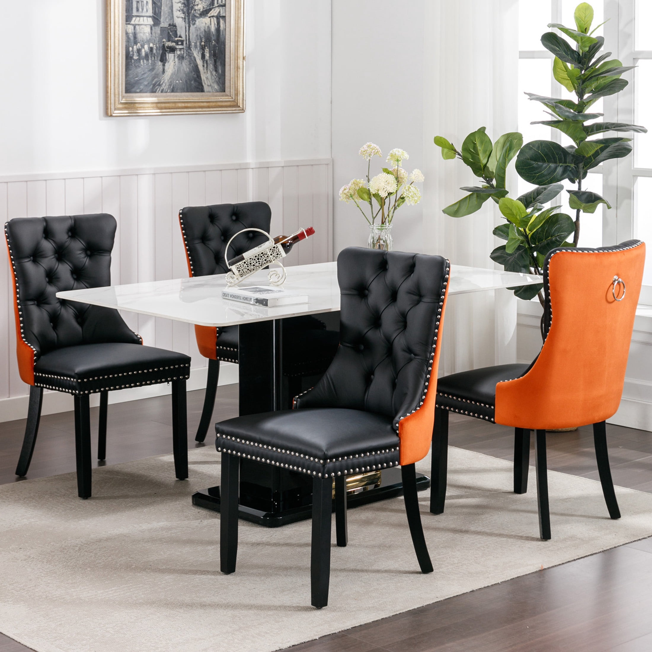 PORKISS Dining Chairs Set of 4, Modern Wood and PU Dining Room Chairs with Back Ring and Nailhead Trim, Upholstered Tufted Velvet Chair with Wood Legs for Dining Room, Kitchen, Black/Orange