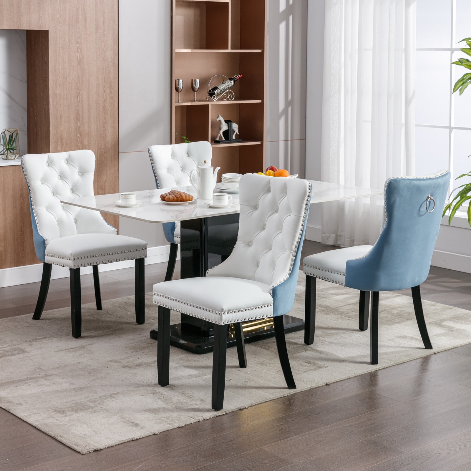 PORKISS Dining Chairs Set of 4, Modern Wood and PU Dining Room Chairs with Back Ring and Nailhead Trim, Upholstered Tufted Velvet Chair with Wood Legs for Dining Room, Kitchen, White/Light Blue