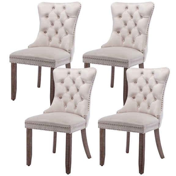 PORKISS Dining Chairs Set of 4, Upholstered High-End Tufted Dining Room Chair with Back Ring and Nailhead Trim, Modern Velvet Chairs with Solid Wood Legs for Kitchen,Beige