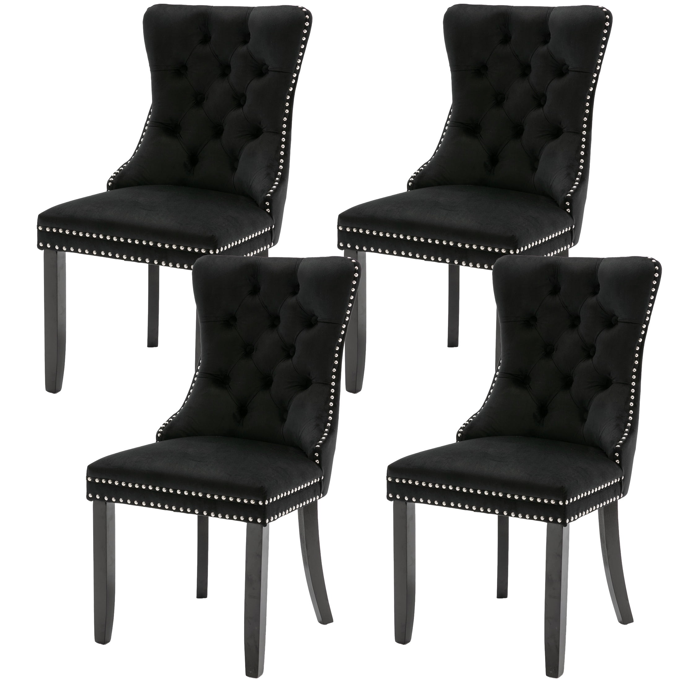 PORKISS Dining Chairs Set of 4, Upholstered High-End Tufted Dining Room Chair with Back Ring and Nailhead Trim, Modern Velvet Chairs with Solid Wood Legs for Kitchen,Black