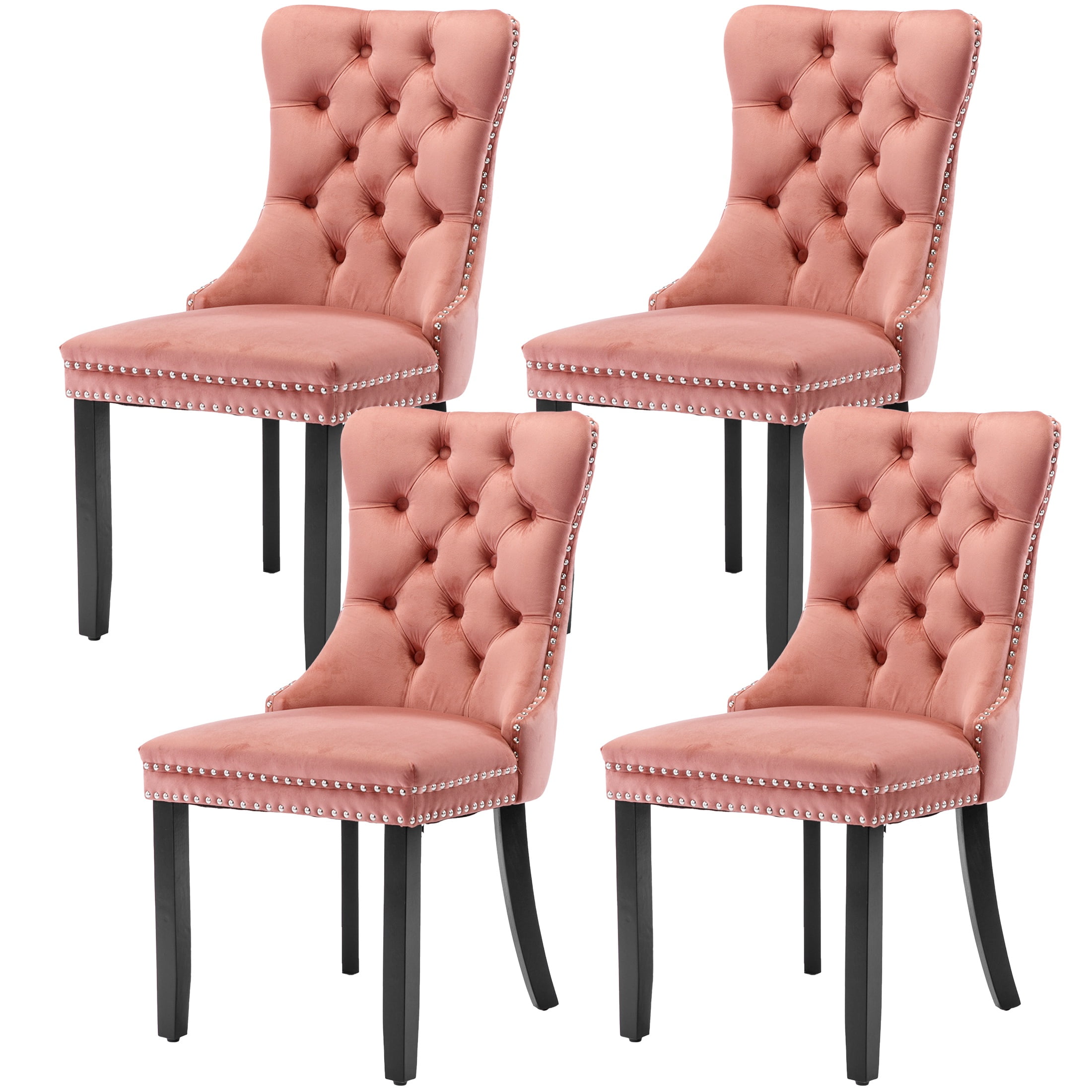 PORKISS Dining Chairs Set of 4, Upholstered High-End Tufted Dining Room Chair with Back Ring and Nailhead Trim, Modern Velvet Chairs with Solid Wood Legs for Kitchen,Pink