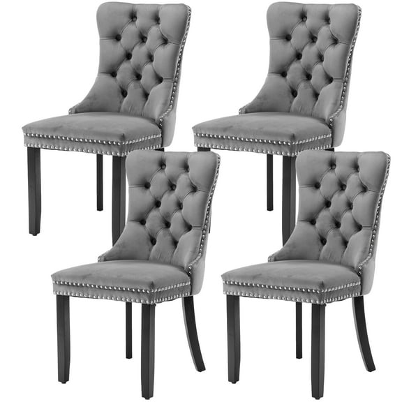 PORKISS Dining Chairs Set of 4, Upholstered High-End Tufted Dining Room Chair with Back Ring and Nailhead Trim, Modern Velvet Chairs with Solid Wood Legs for Kitchen,Gray