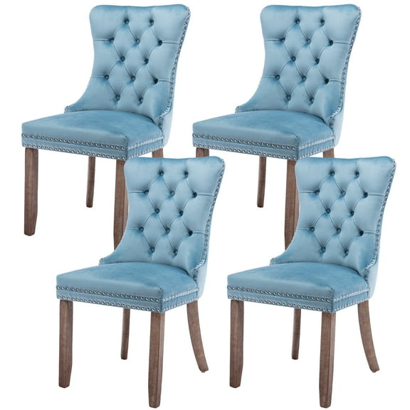 PORKISS Dining Chairs Set of 4, Upholstered High-End Tufted Dining Room Chair with Back Ring and Nailhead Trim, Modern Velvet Chairs with Solid Wood Legs for Kitchen,Light Blue