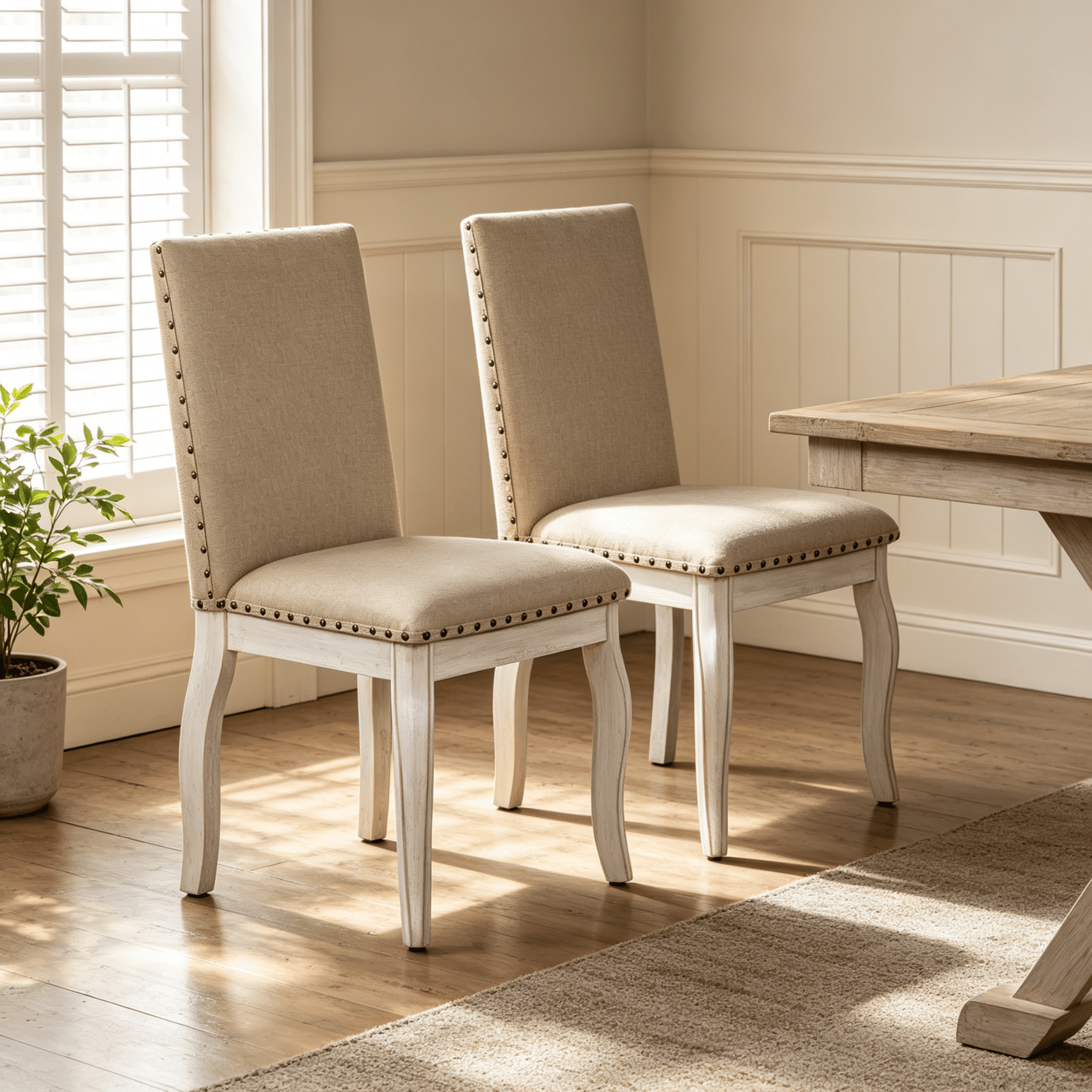 PORKISS Set of 2 Dining Chairs, High Back Upholstered Kitchen Chairs with Solid Wood Frame, Curved Legs and Bronze Nailhead Trim, White