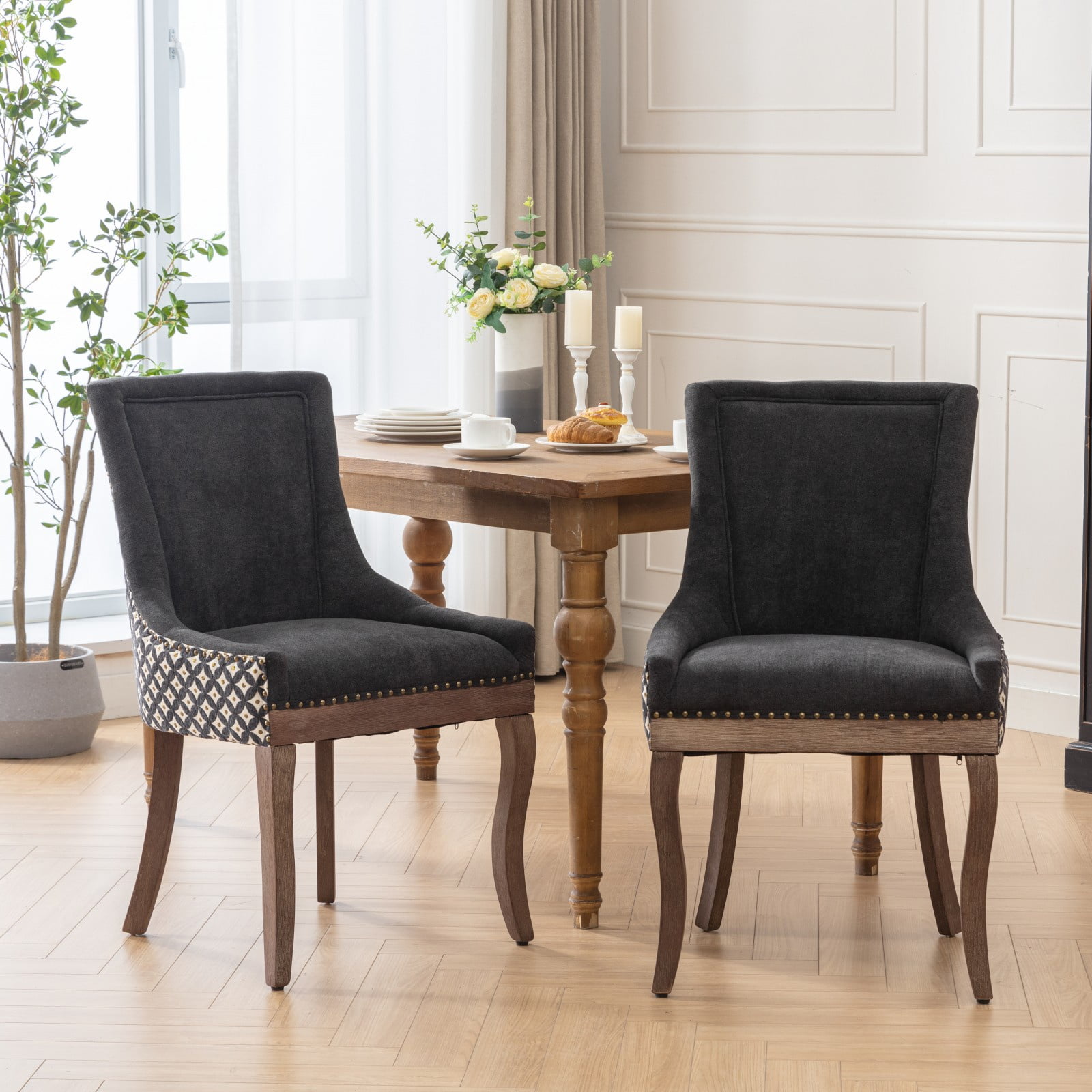 PORKISS Dining Chairs Set of 2, Thickened Fabric Chairs with Solid Wood ...