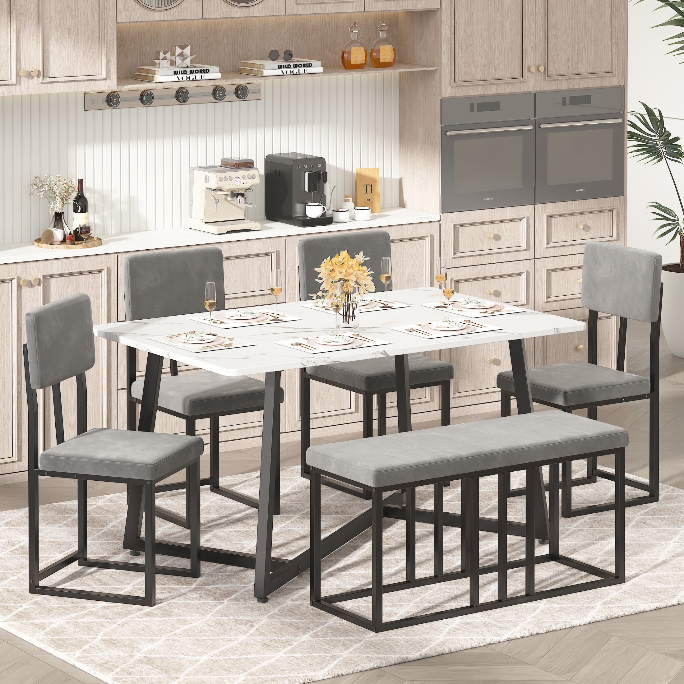 PORKISS Dining Room Set for 6, Modern Dining Table Set for 6 with Faux Marble Table, 4 Velvet Chairs and 1 Cushion Bench, Metal Frame, White + Gray + Black