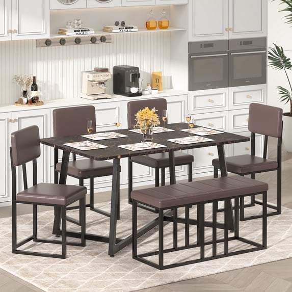 PORKISS Dining Room Set for 6, Modern Dining Table Set for 6 with Faux Marble Table, 4 Leather Chairs and 1 Cushion Bench, Metal Frame, Black + Brown
