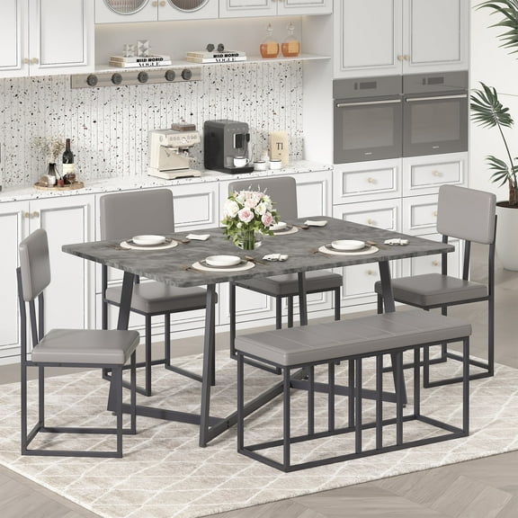 PORKISS Kitchen Dining Table Set for 6, Modern Dining Room Set for 6 with Faux Marble Table, 4 PU Leather Chairs and 1 Cushion Bench, Metal Frame, Gray + Black