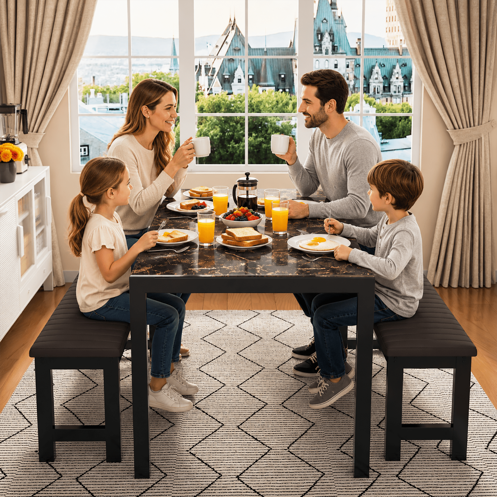 PORKISS Dining Table Set for 4, 3 Piece Kitchen Table Set with 2 PU Leather Benches, Faux Marble Dining Room Table Set, Breakfast Nook Table Set for Small Spaces, Apartment, Brown+Black