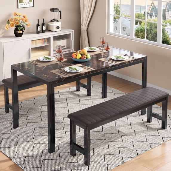 PORKISS Dining Table Set for 4, Faux Marble Kitchen Table Set with 2 PU Leather Benches, Breakfast Nook Set for Small Spaces, 3 Piece Dining Room Table Set, Brown+Black