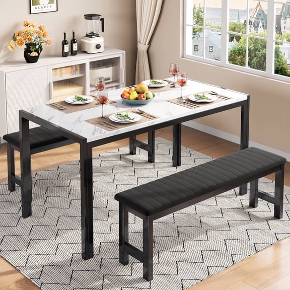 PORKISS 3 Piece Dining Table Set for 4, Faux Marble Kitchen Table Set with 2 Velvet Leather Benches, Space Saving Breakfast Nook Set for Small Spaces, White+Black