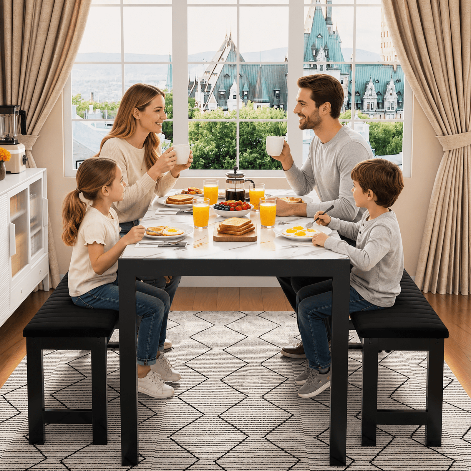 PORKISS Dining Table Set for 4, 3 Piece Kitchen Table Set with 2 Velvet Benches, Faux Marble Dining Room Table Set, Breakfast Nook Table Set for Small Spaces, Apartment, White+Black