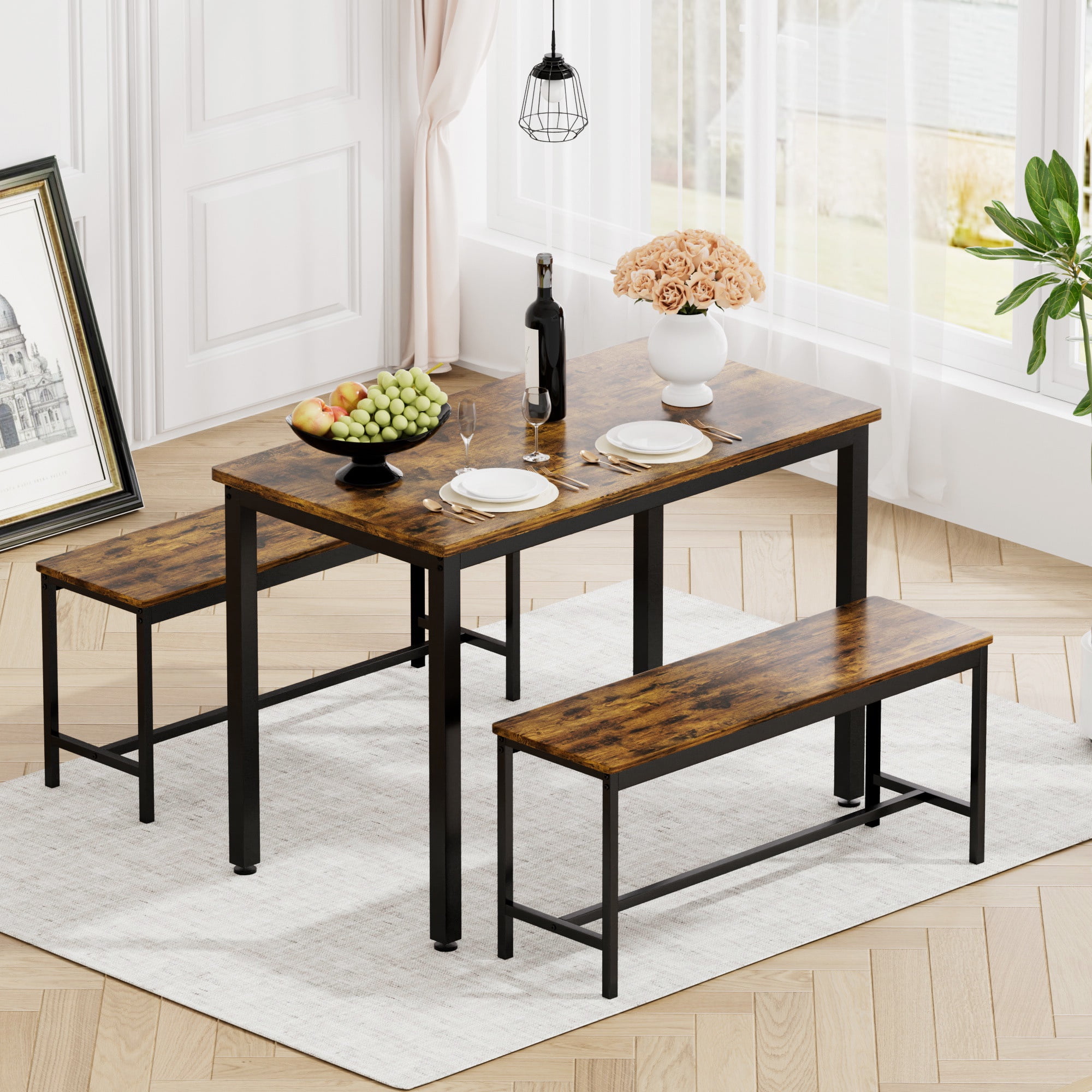 PORKISS Dining Table Set with 2 Benches, 3 Piece Wood Dining Room Table Set with Metal Frame, Industrial Style Dinette Set for Kitchen Breakfast Nook, Heavy Duty Dinner Table Set for 4, Brown&Black