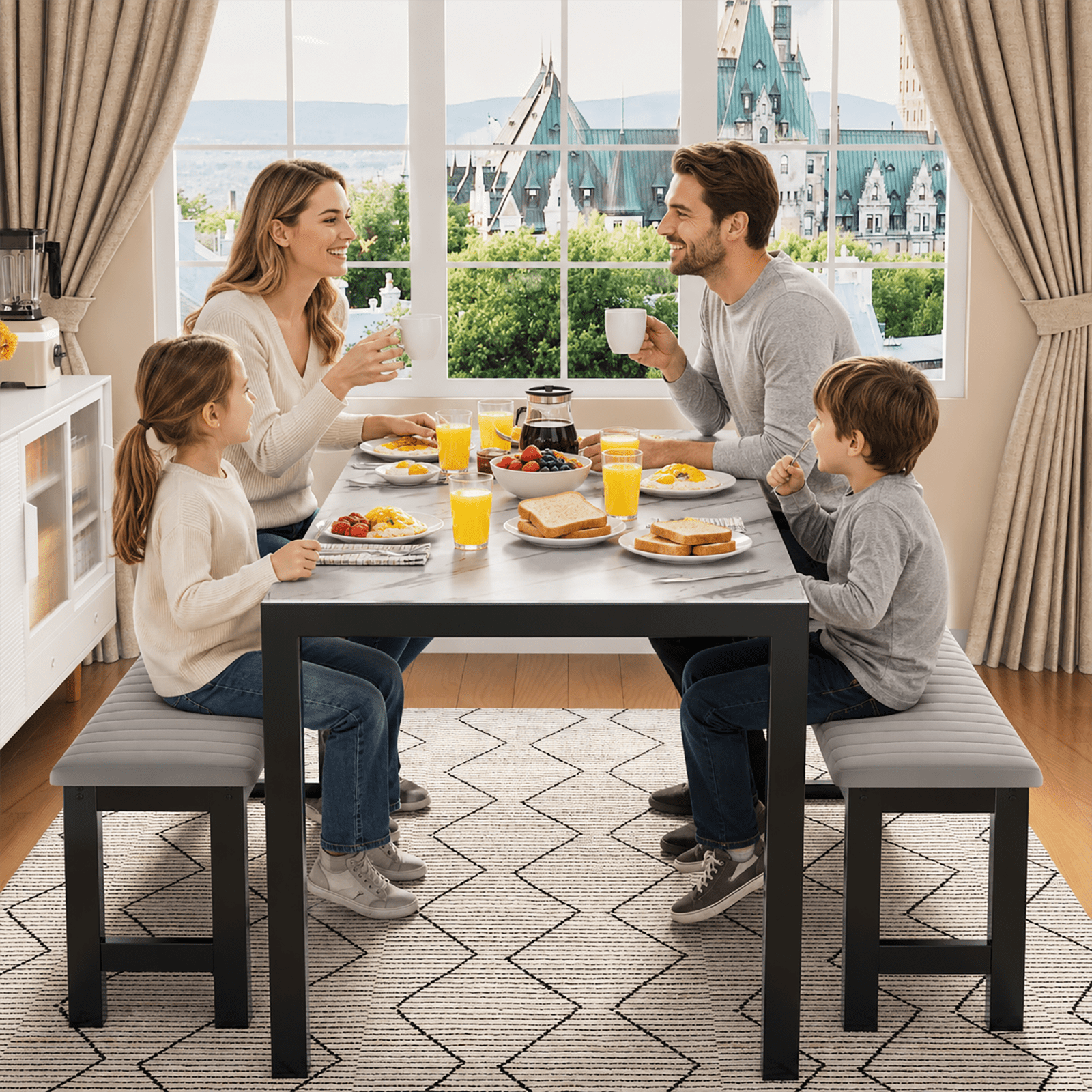 PORKISS Dining Table Set for 4, 3 Piece Kitchen Table Set with 2 Velvet Benches, Faux Marble Dining Room Table Set, Breakfast Nook Table Set for Small Spaces, Apartment, White+Gray+Black