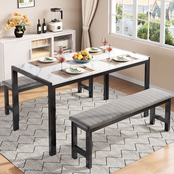 PORKISS Dining Table Set for 4, Faux Marble Kitchen Table Set with 2 Velvet Benches, Breakfast Nook Set for Small Spaces, 3 Piece Dining Room Table Set, White+Gray+Black #1