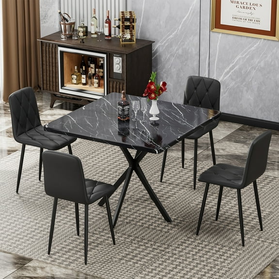 PORKISS Dining Table Set for 4, 5 PC Kitchen Table Set with Faux Marble Tabletop and 4 PU Leather Upholstered Chairs, Square Kitchen Table and Chairs, Dining Set for Dining Room, Black