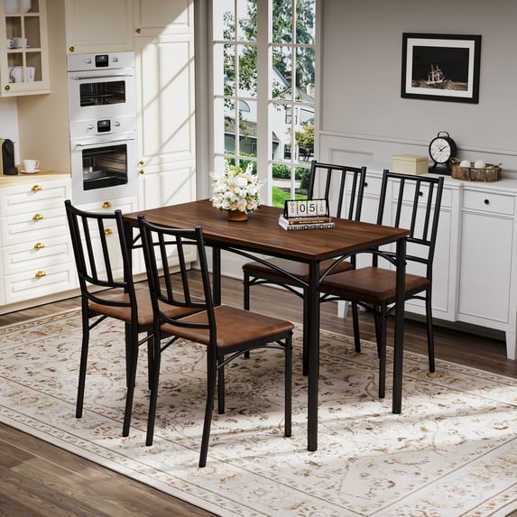 PORKISS 5-Piece Small Space Dining Set, 1 Table and 4 Chairs, Wood and Steel, Dining Table Set for 4 with Comfortable PU Seats, Walnut+Black