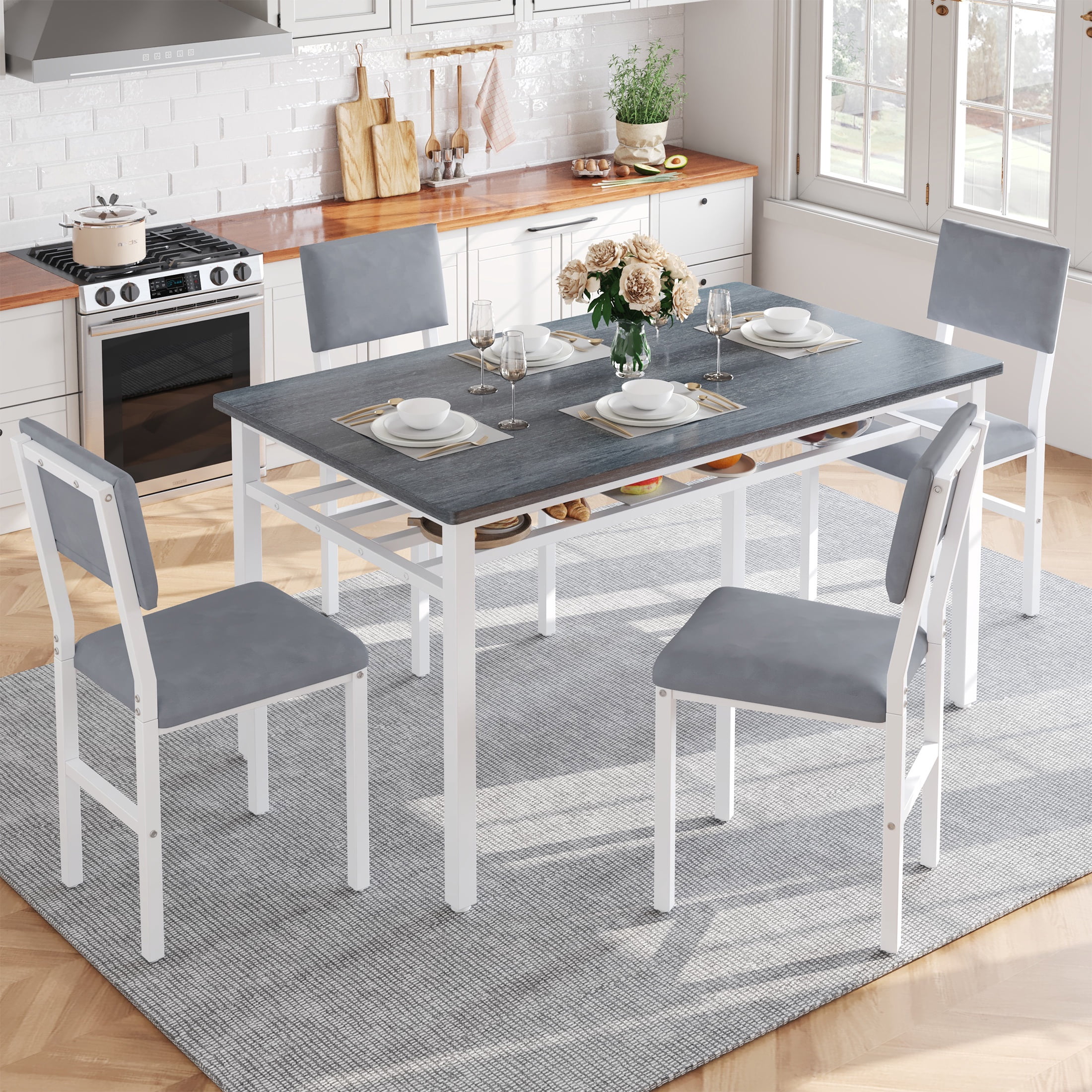 PORKISS 5 Piece Dining Table Set, Modern Dining Room Set with 4 Velvet ...