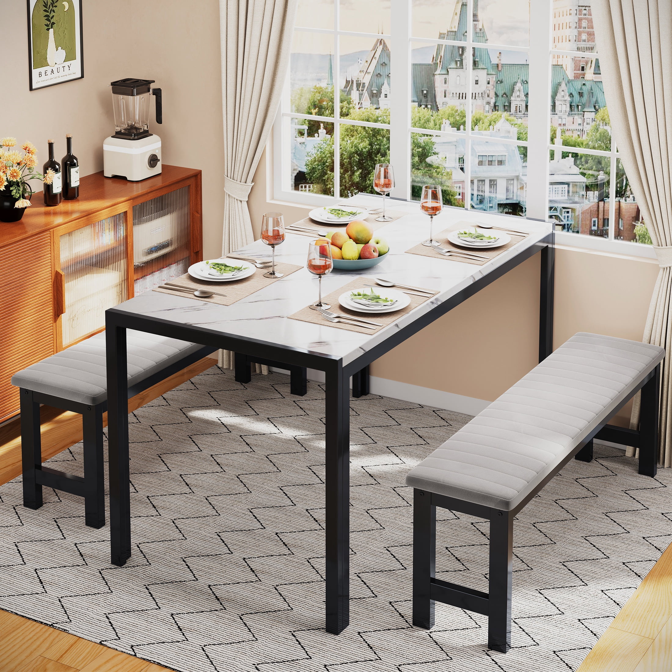 PAPROOS Dining Table Set for 4, 3-Piece Kitchen Table Set with 2 Benches, Dining Room Table Set with Metal Frame, Breakfast Nook Furniture Set for Home Cafeteria Bar Dining Room, Gray and White
