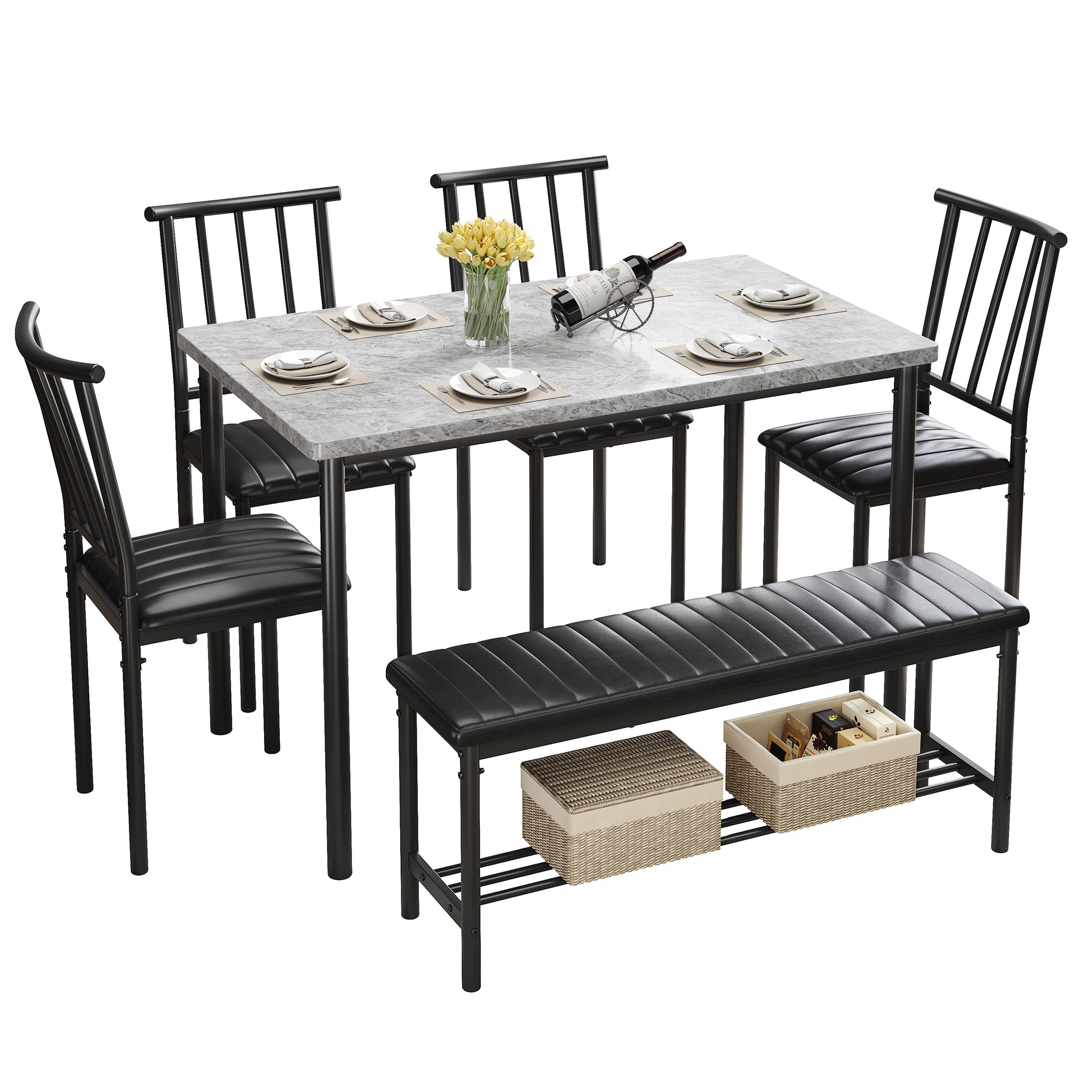 PORKISS Dining Table Set for 6, 6 Piece Dining Room Set with 4 PU Leather Chairs and Bench, Kitchen Table and Chairs Set with Storage Rack, Rectangular Dining Table Set for Apartment, Gray + Black