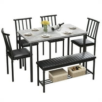 PORKISS Dining Table Set for 6, 6 Piece Dining Room Set with 4 PU Leather Chairs and Bench, Kitchen Dining Table and Bench Set with Storage Rack, Modern Kitchen Furniture Set for Home, Gray Black