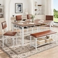 thumbnail image 1 of PORKISS Dining Table Set for 6, 6-Piece Dining Room Set with Wooden Table Top, PU Leather Upholstery Chairs and Bench, Kitchen Table and Chairs Set with Metal Frame Storage, Dinette Sets, Brown+White, 1 of 10