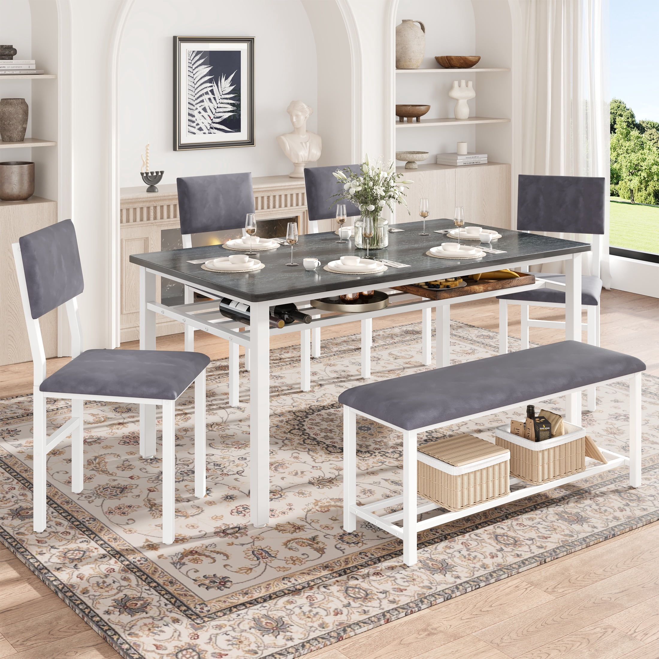 PORKISS Dining Table Set for 6, 6-Piece Dining Room Set with Wooden Table Top, Velvet Upholstery Chairs and Bench, Kitchen Table and Chairs Set with Metal Frame Storage, Dinette Sets, Gray+White