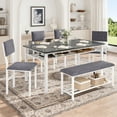 thumbnail image 1 of PORKISS Dining Table Set for 6, 6-Piece Dining Room Set with Wooden Table Top, Velvet Upholstery Chairs and Bench, Kitchen Table and Chairs Set with Metal Frame Storage, Dinette Sets, Gray+White, 1 of 10
