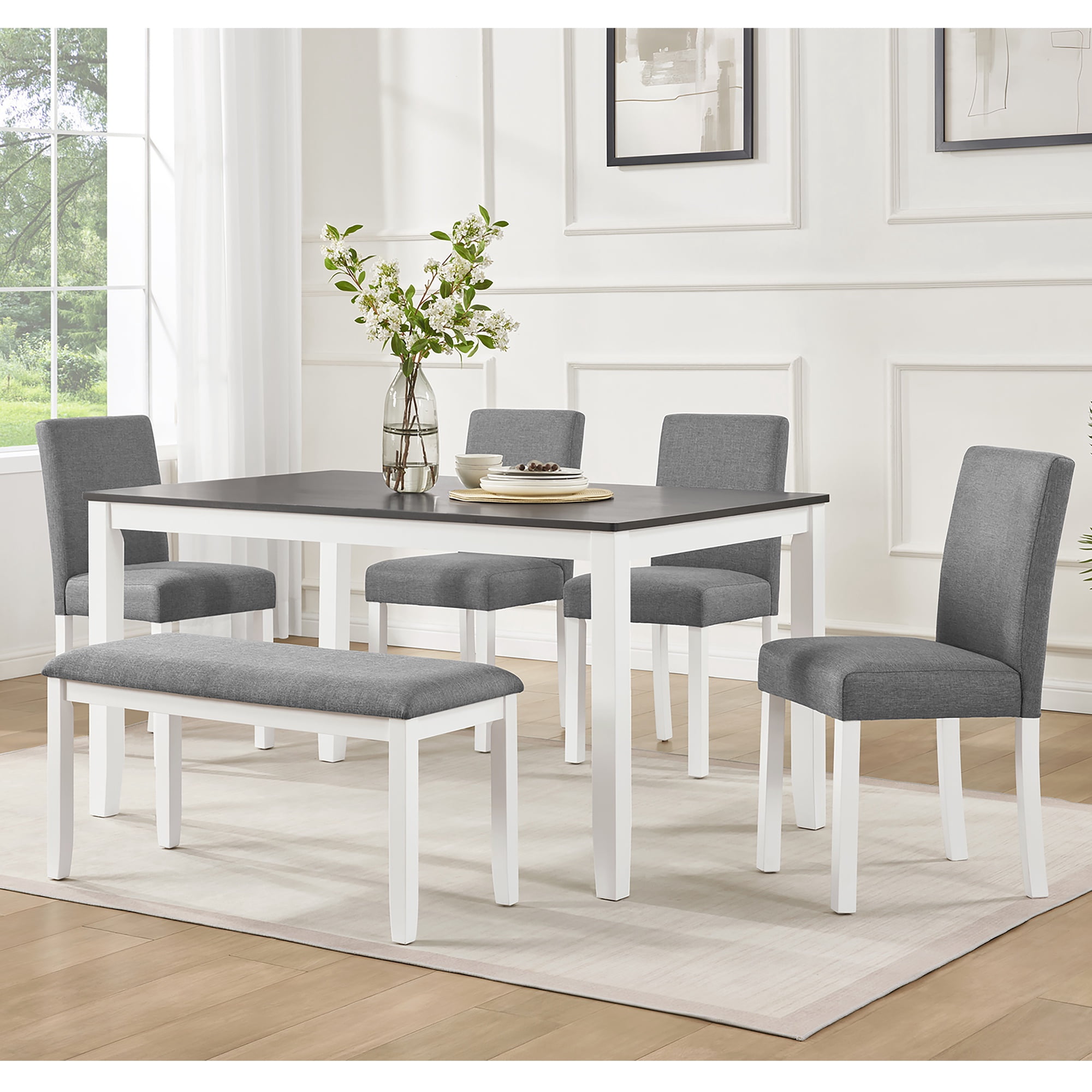 PORKISS Dining Table Set for 6, Farmhouse Dining Table Set with 4 Upholstered Chairs and Bench, Solid Wood Rectangular Dining Set of 6 People for Kitchen, Dining Room, Gray + White