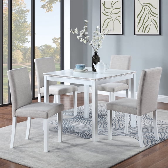 PORKISS Dining Table Set for 4, Solid Wood Dining Room Set with 1 Square Table 4 Upholstered Chairs, Dinner Table with Padded Chairs for Home Kitchen, White