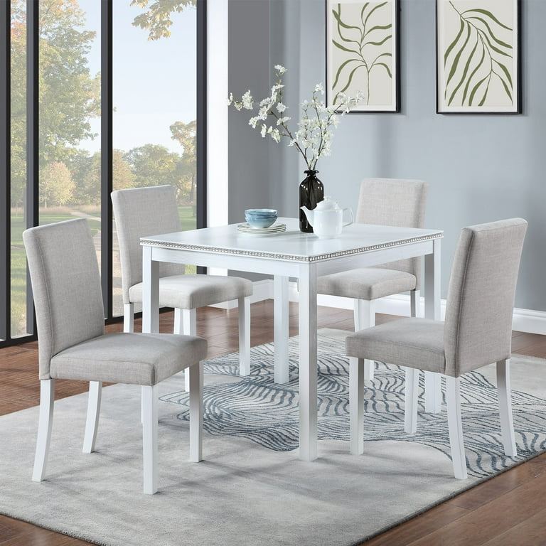 PORKISS Dining Table Set for 4 Dining Room Set with 1 Square Table 4 Upholstered Chairs White Walmart