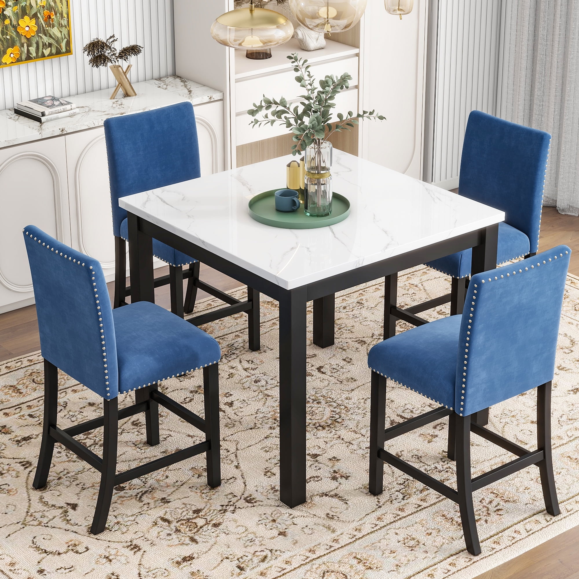 White Faux Marble Dining Table with Blue Velvet Chairs