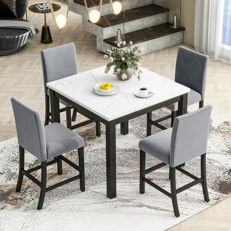 PORKISS Dining Table Set for 4 Dining Room Set with Faux Marble Kitchen Table and Velvet Upholstered Chairs Counter Height Dining Set White Grey Walmart