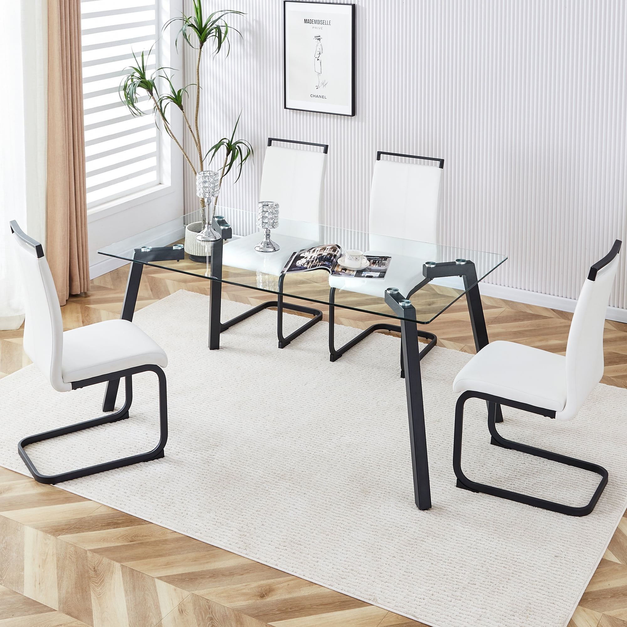 PORKISS Dining Table Set for 4, Dining Room Set with Tempered Glass ...