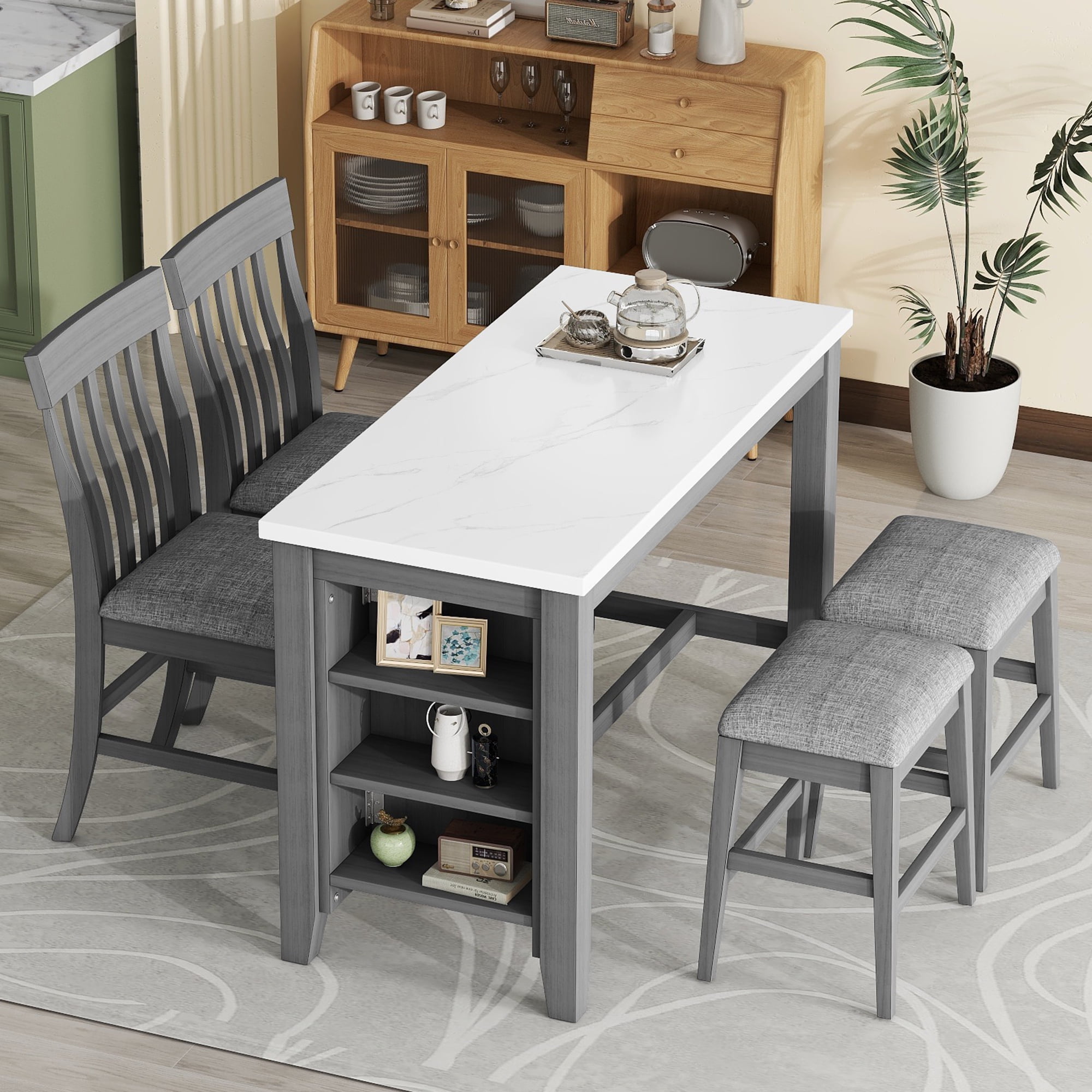 PORKISS Dining Table Set for 4 with Storage Shelves, Dining Room Set ...
