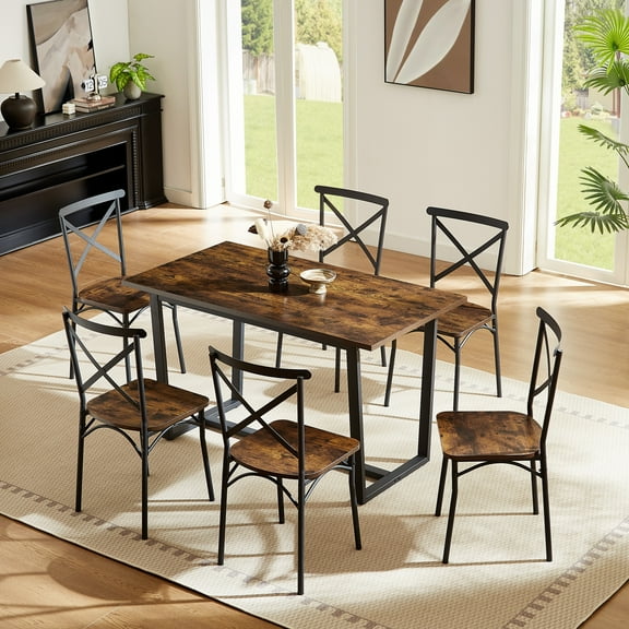 PORKISS Dining Table Set for 6, Dining Room Set with Kitchen Table and 6 Chairs, 52" Brown