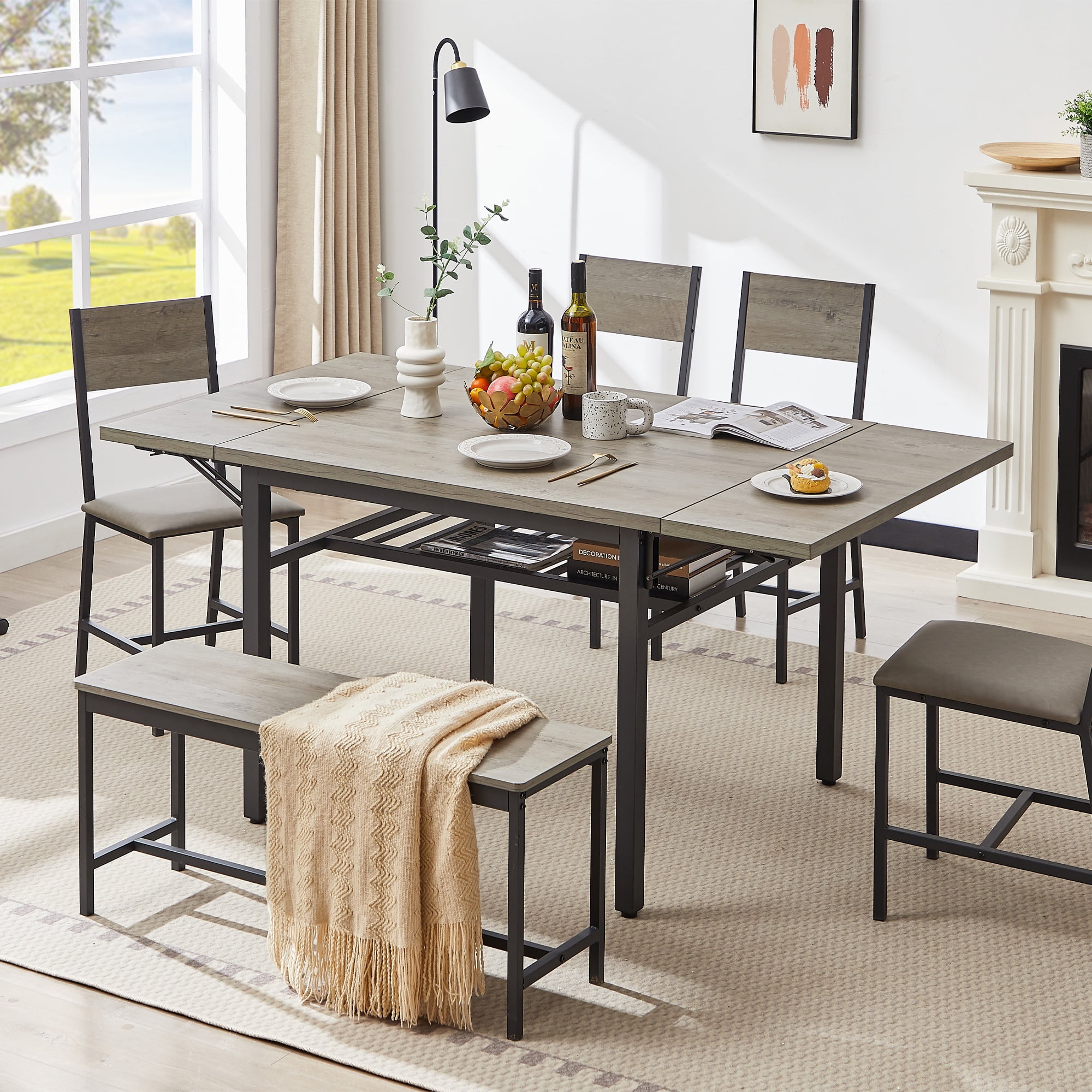 PORKISS Drop Leaf Dining Table for 4-6 People, Folding Kitchen Dining Table with Storage Rack ...
